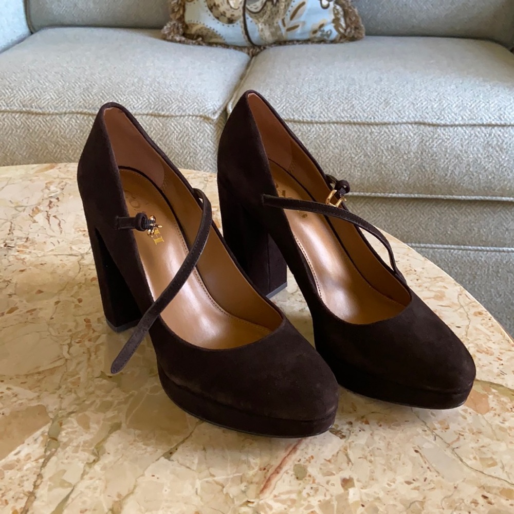 Coach size 8.5 brown suede platform pump with Mary Jane strap. Like new.